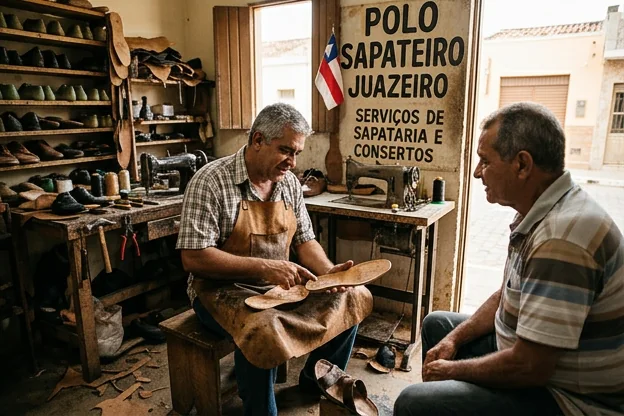 Sapateiro analisando palmilhas com um cliente em Juazeiro.