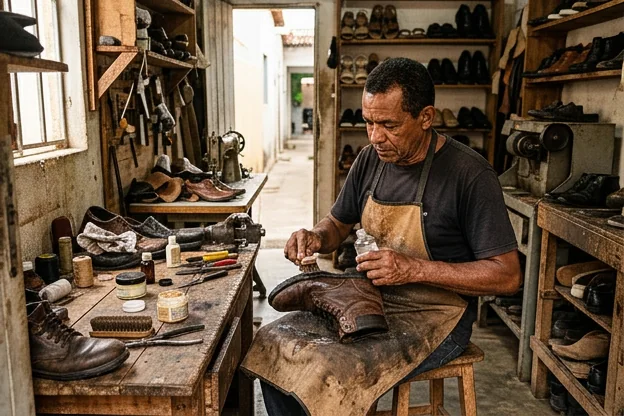Sapateiro impermeabilizando calçado em Juazeiro.